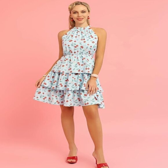 Belle Poque Elegant Retro High Neck Blue Cherry Sleeveless Dress Size 2XL NWT - Picture 1 of 9